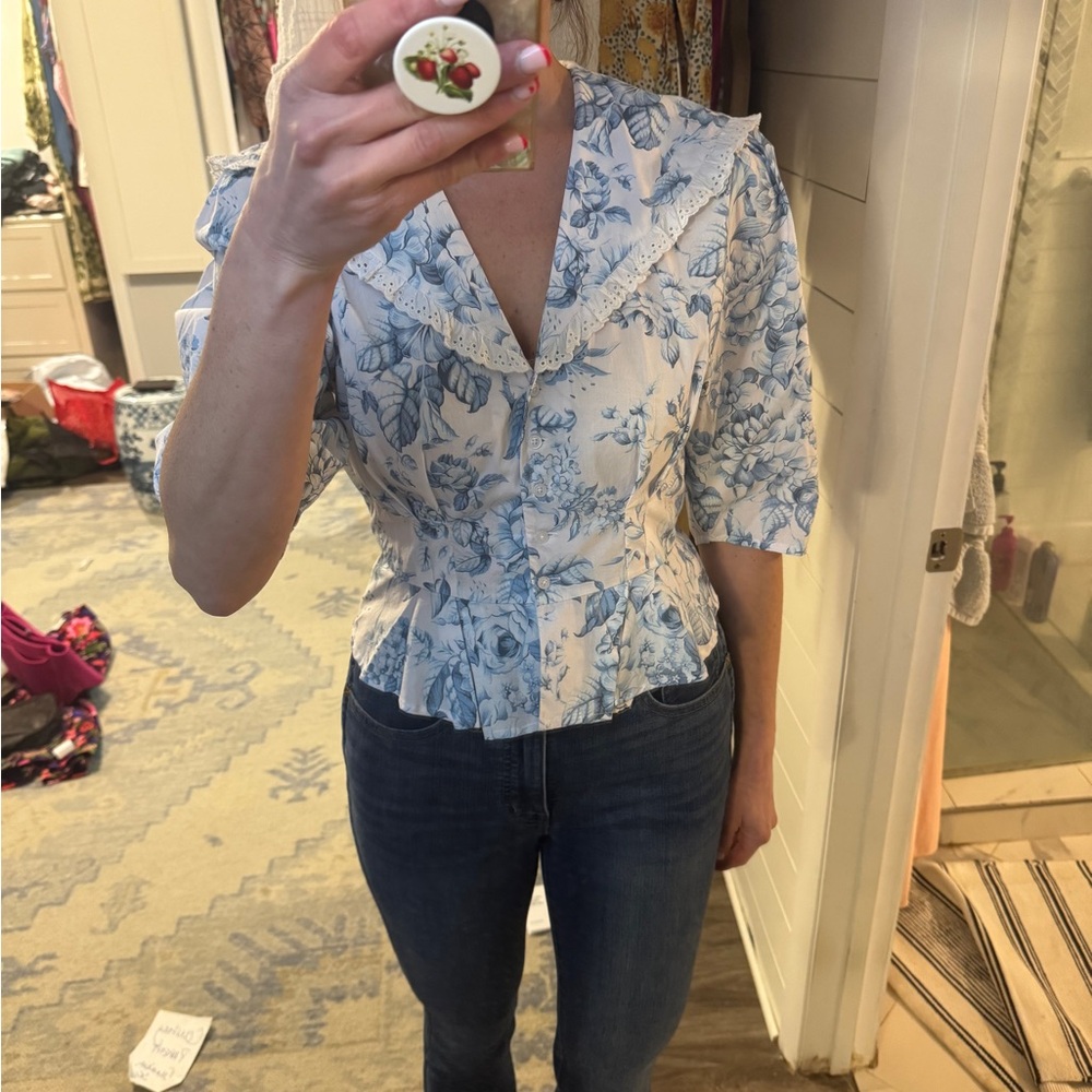 Batsheva Laura Ashley size 2 fits like a small Blue and White Floral Blouse - Picture 5 of 6